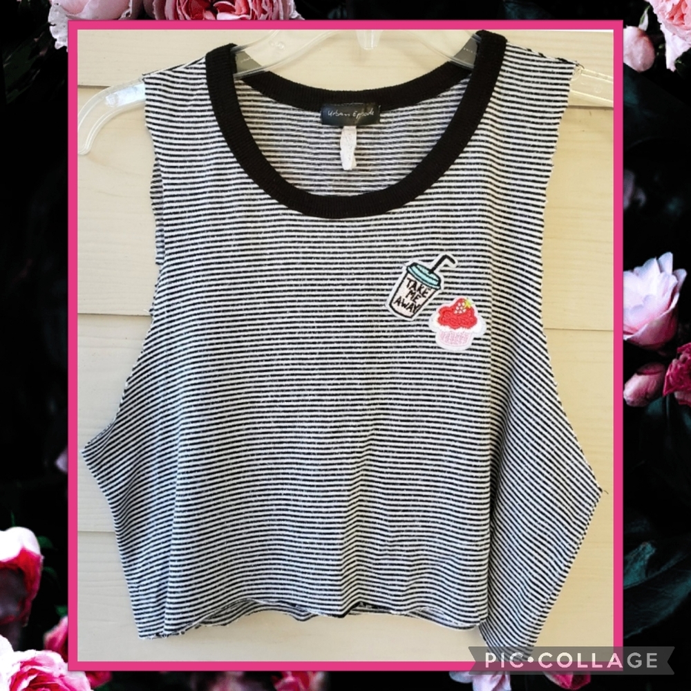 Urban Episode OOAK Distressed Raw Edge Cut-off Striped Crop Top w/Food Patches